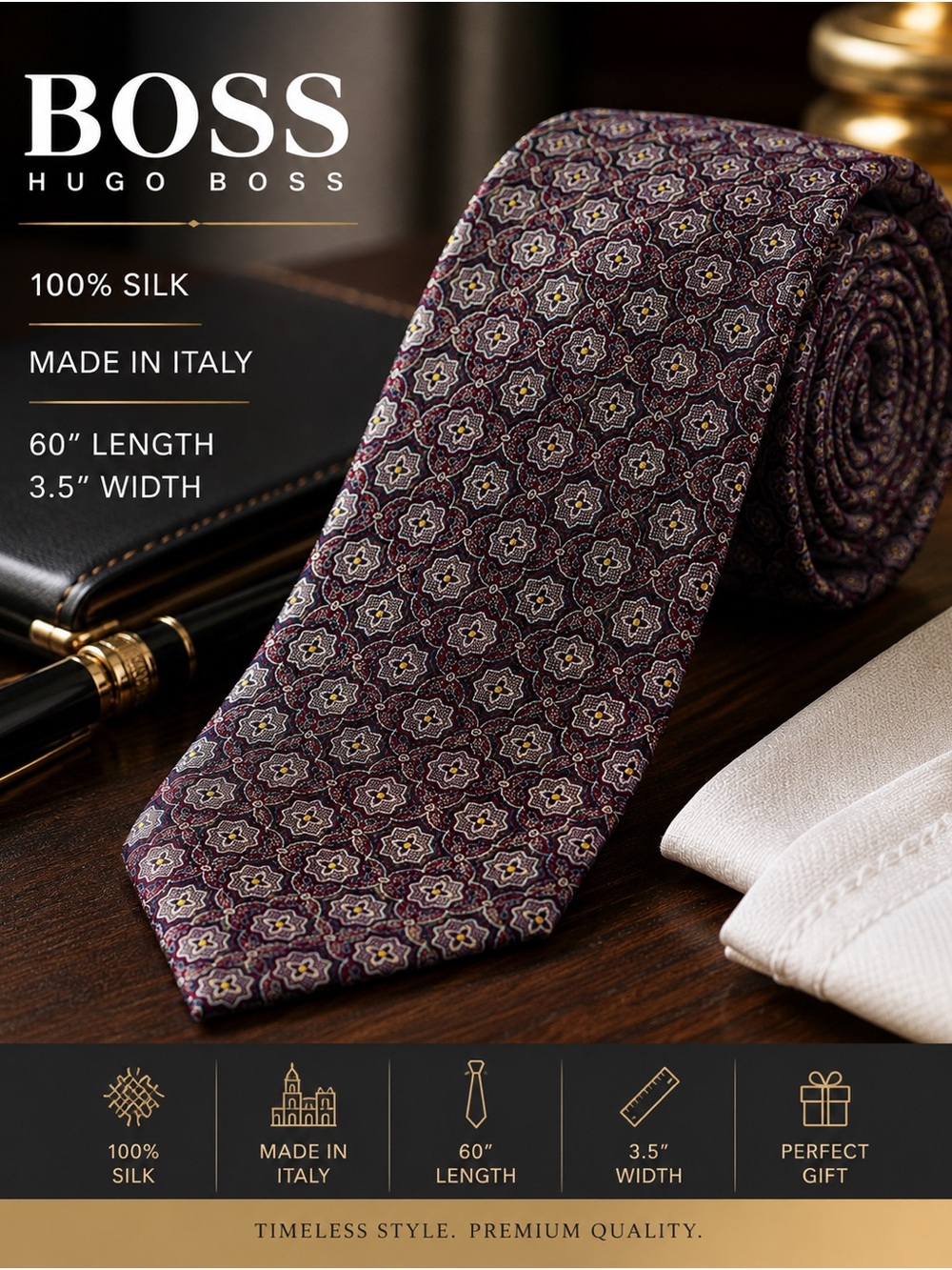 Hugo Boss Men's 100% Silk Medallion Tie - Burgundy